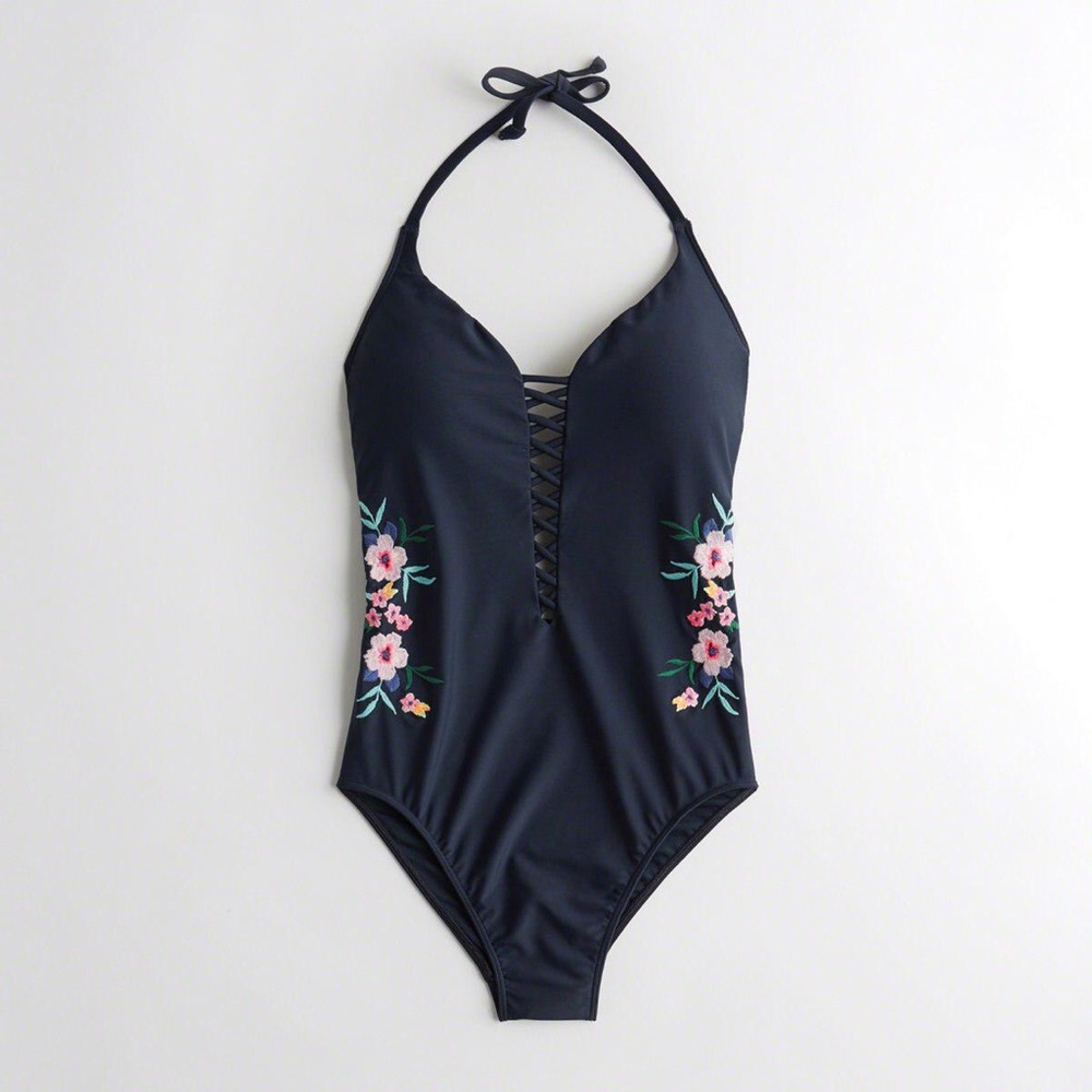 Hollister Embroidered Strappy Plunge OnePiece Swim